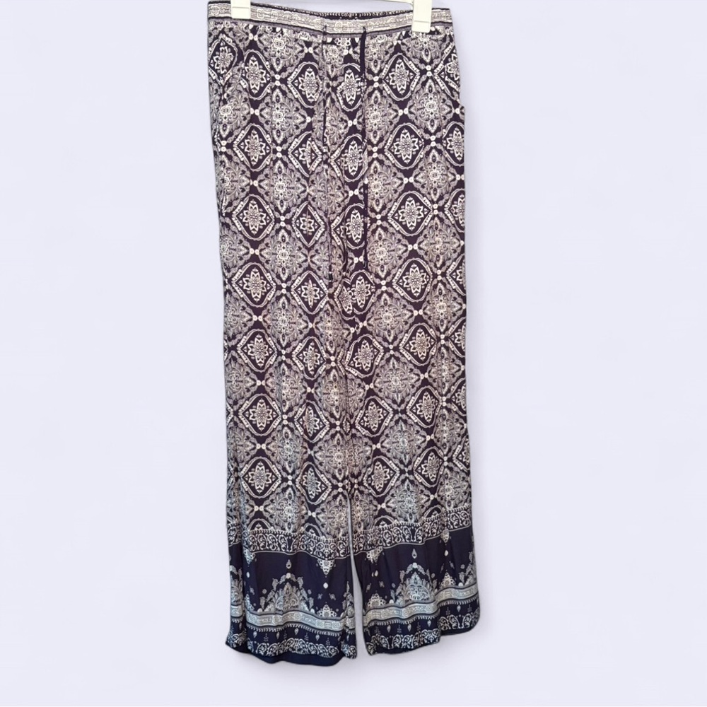 Breeze Ever Boho Wide Leg Pants Flowy Rayon Navy Cream Print M